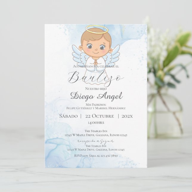Boy Baptism Invitation in Spanish Boho (Standing Front)