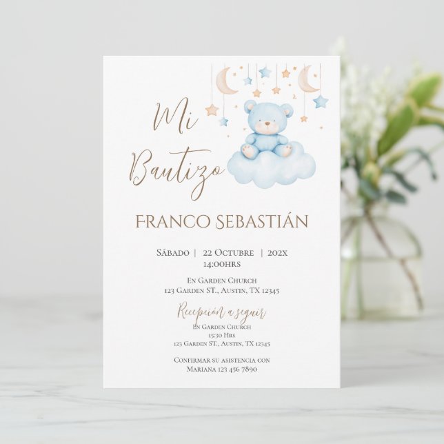 Boy Baptism Invitation in Spanish Boho (Standing Front)