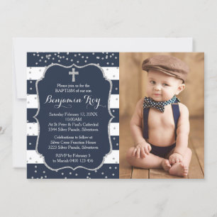 Boy Baptism Invitation Photo Card Navy Silver