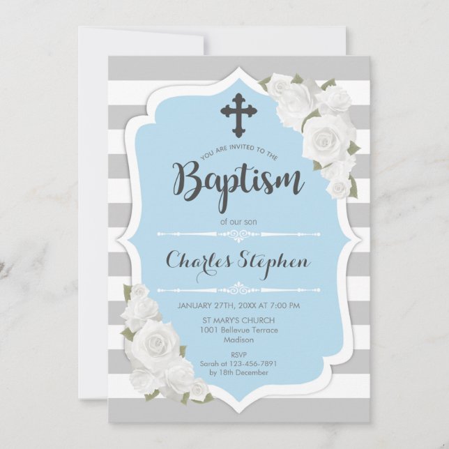 Boy Baptism Invitation - Pink Blue White (Front)