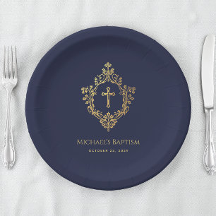 Boy Baptism Navy Blue Faux Gold Crest Religious Paper Plate