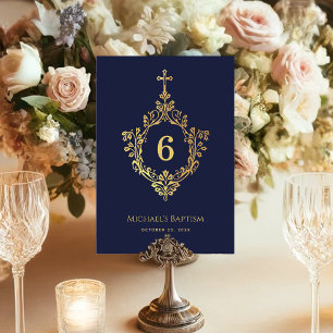 Boy Baptism Navy Blue Faux Gold Cross on Crest Table Number