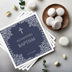 Boy Baptism Navy Blue Faux Silver Leaves and Cross Napkin