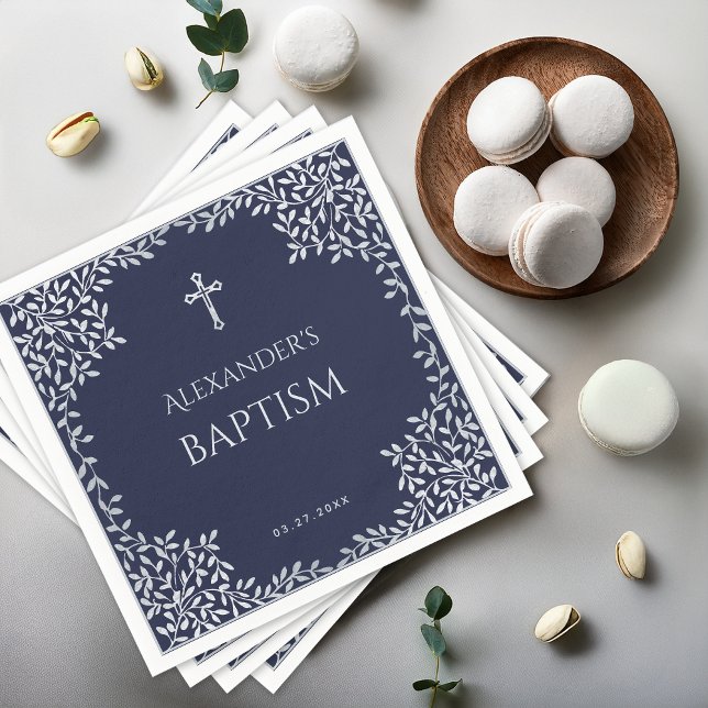Boy Baptism Navy Blue Faux Silver Leaves and Cross Napkin (Creator Uploaded)