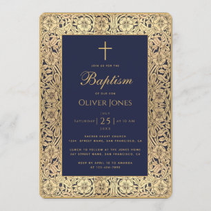 Boy Baptism Navy Blue Gold Floral Frame Elegant Invitation