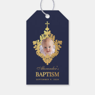 Boy Baptism Navy Blue Photo Faux Gold Elegant Gift Tags