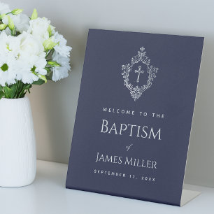 Boy Baptism Navy Blue Vintage Crest Cross Welcome  Pedestal Sign