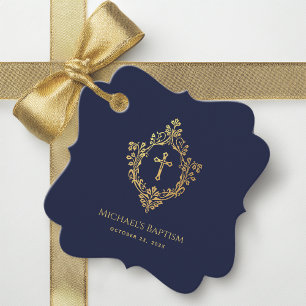 Boy Baptism Navy Blue Vintage Crest Gold Cross Favour Tags
