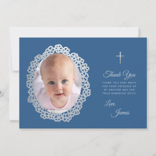 Boy Baptism Photo Classic Blue Grey Floral Wreath  Thank You Card