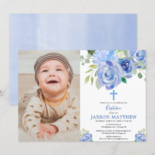 Boy baptism photo invitation, navy blue flowers invitation