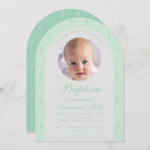 Boy Baptism Photo Modern Arch Mint Green Script Invitation