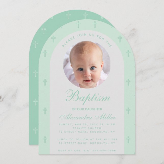 Boy Baptism Photo Modern Arch Mint Green Script Invitation (Front/Back)