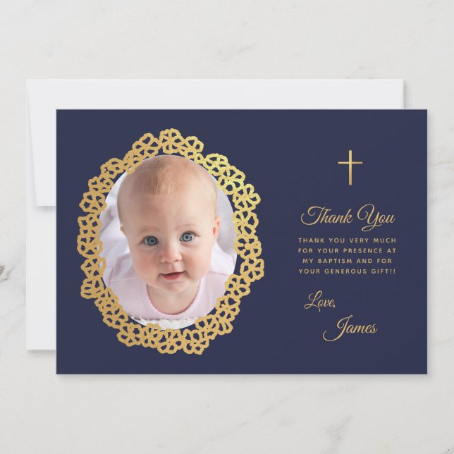 Boy Baptism Photo Navy Blue Gold Floral Wreath Thank You Card (Front)