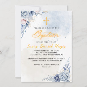 Boy baptism religious modern blue watercolor invitation