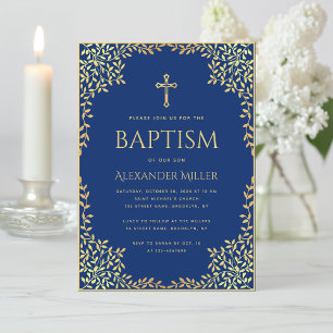 Boy Baptism Royal Blue Faux Gold Leaves Vintage Invitation