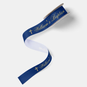 Boy Baptism Royal Blue Gold Cross and Calligraphy Satin Ribbon
