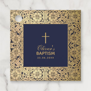 Boy Baptism Vintage Gold Roses Navy Blue Elegant Favour Tags