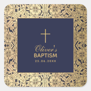 Boy Baptism Vintage Gold Roses Navy Blue Elegant Square Sticker
