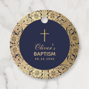 Boy Baptism Vintage Navy Blue Gold Roses Elegant Favour Tags