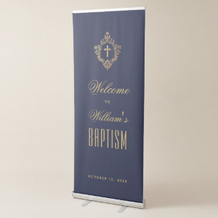 Boy Baptism Welcome Navy Blue Gold Cross in Crest Retractable Banner