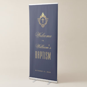  Boy Baptism Welcome Navy Blue Gold Cross in Crest Retractable Banner