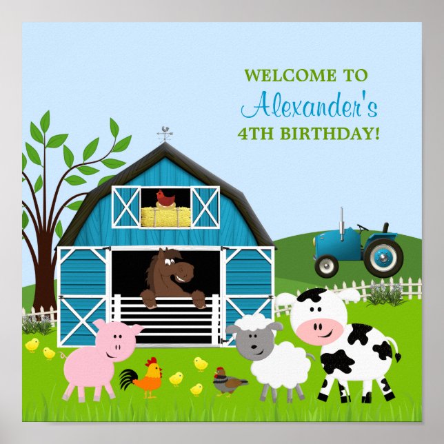 Boy Barnyard Farm Animals Birthday Poster (Front)
