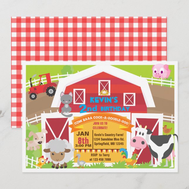 Boy barnyard invitation - Farm Birthday Invitatio (Front/Back)