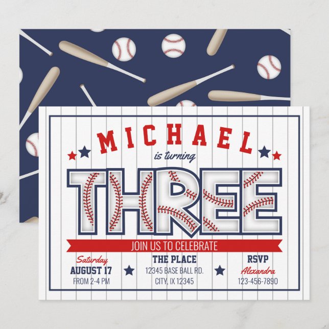 Boy Baseball 3rd Birthday Invitation (Front/Back)