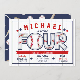 Boy Baseball 4th Birthday Invitation