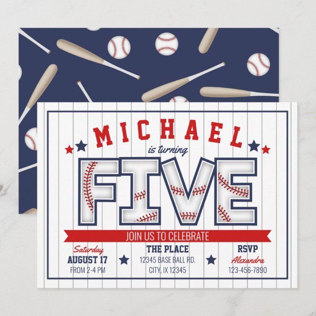 Boy Baseball 5th Birthday Invitation (Front/Back)