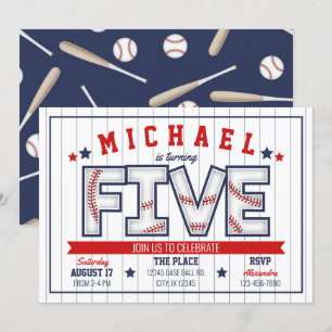 Boy Baseball 5th Birthday Invitation