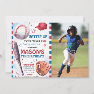 Boy Baseball Birthday Photo Invitation