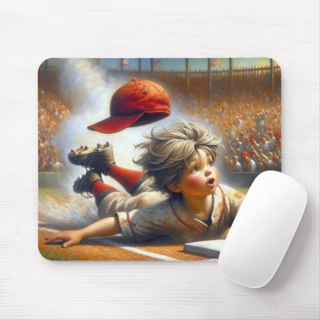 Boy Baseball Player Sliding Into Home Plate Mouse Mat (With Mouse)