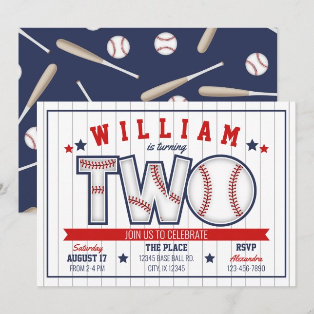 Boy Baseball Second Birthday Invitation (Front/Back)
