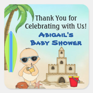 Boy Beach Baby Sandcastle Baby Shower Thank You Square Sticker