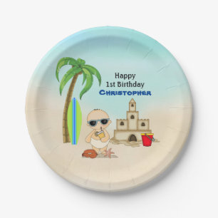 Boy Beach Baby Sandcastle n Surfboard 1st Birthday Paper Plate