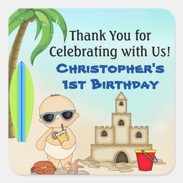 Boy Beach Baby Sandcastle n Surfboard 1st Birthday Square Sticker (Front)