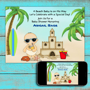 Boy Beach Baby Sandcastle n Surfboard Baby Shower Invitation