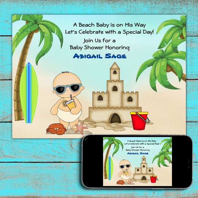 Boy Beach Baby Sandcastle n Surfboard Baby Shower Invitation (Creator Uploaded)