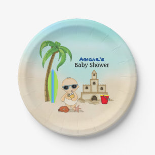 Boy Beach Baby Sandcastle n Surfboard Baby Shower Paper Plate
