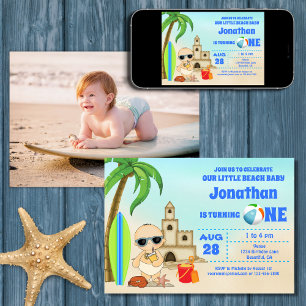 Boy Beach Baby Surfboard 1st Birthday PHOTO Invitation