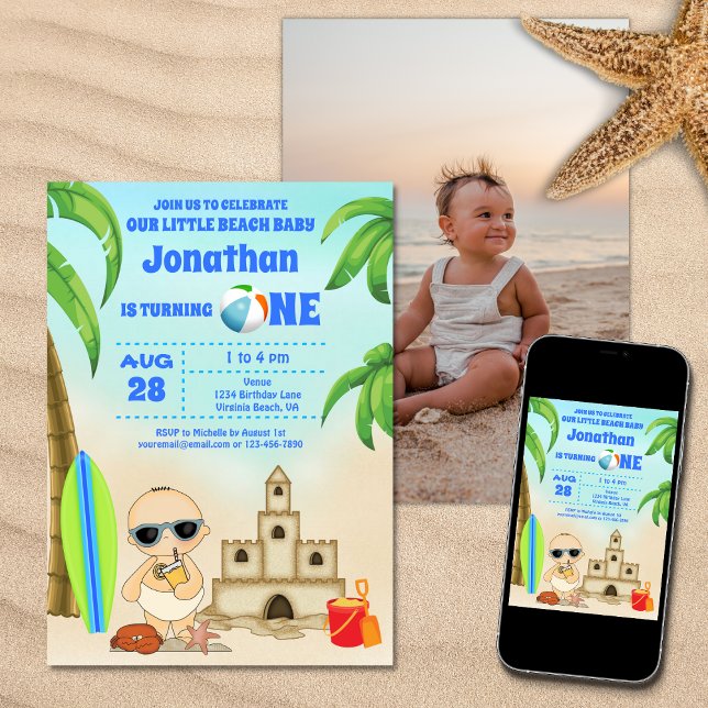 Boy Beach Baby Surfboard 1st Birthday PHOTO Invitation (Printed (Front and Back) and Digital Boy Beach Baby Surfboard 1st Birthday PHOTO Invitation)