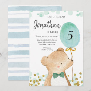 Boy bear and balloon birthday invitation