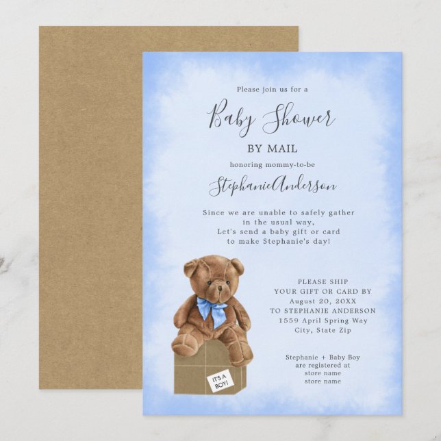 Boy Bear Baby Shower by Mail Invitation (Front/Back)