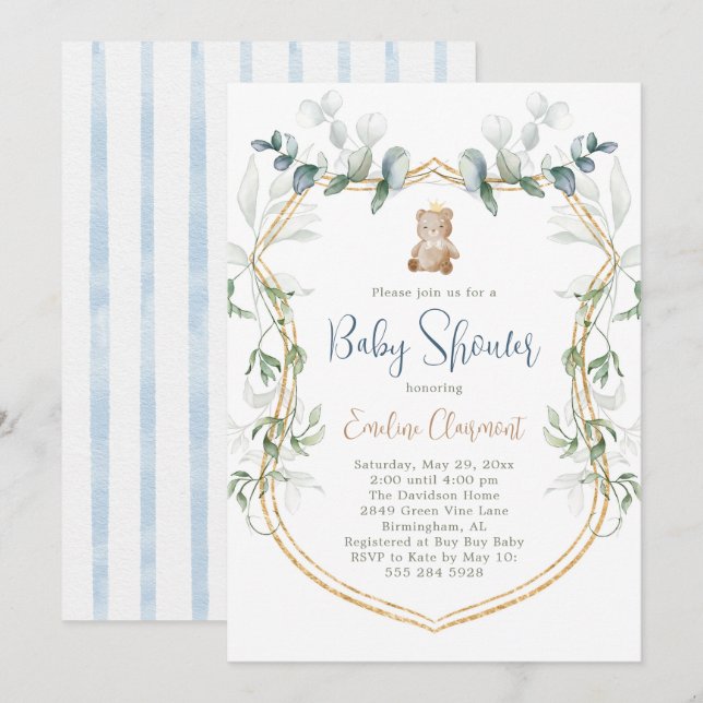 Boy Bear Baby Shower Invitation - Blue (Front/Back)