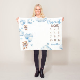 BOY BEAR BALLOONS Milestone Blanket, Blue Balloons Fleece Blanket