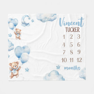 BOY BEAR BALLOONS Milestone Blanket, Blue Balloons Fleece Blanket