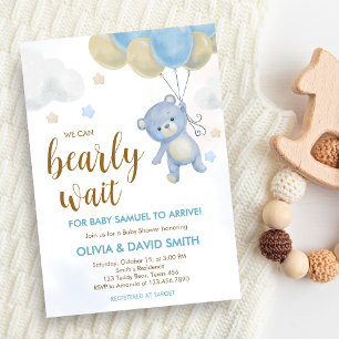 Boy Bear Bearly Wait Baby Shower Invitation