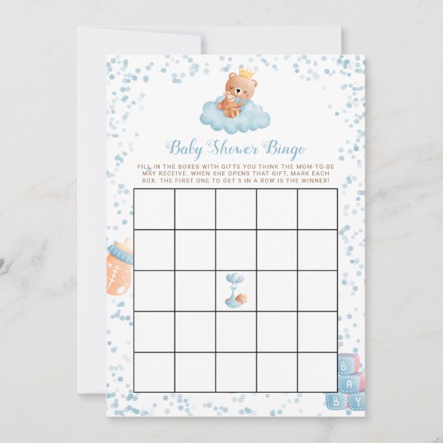 Boy Bear Blue Baby Shower Bingo Card (Front)