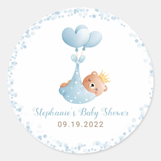Boy Bear Blue Baby Shower Classic Round Sticker (Front)